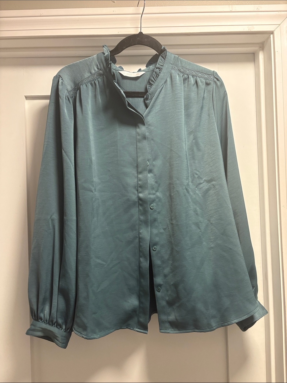 LC Lauren Conrad teal button-up ruffle collar blouse
